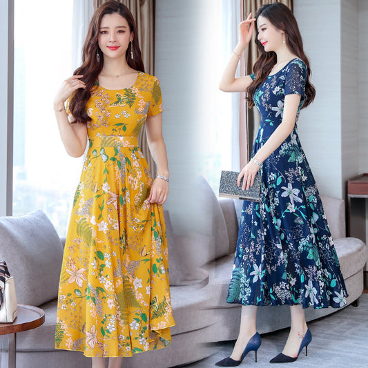 Temperament Was Thin Floral Round Neck Large Swing Skirt Korean Version