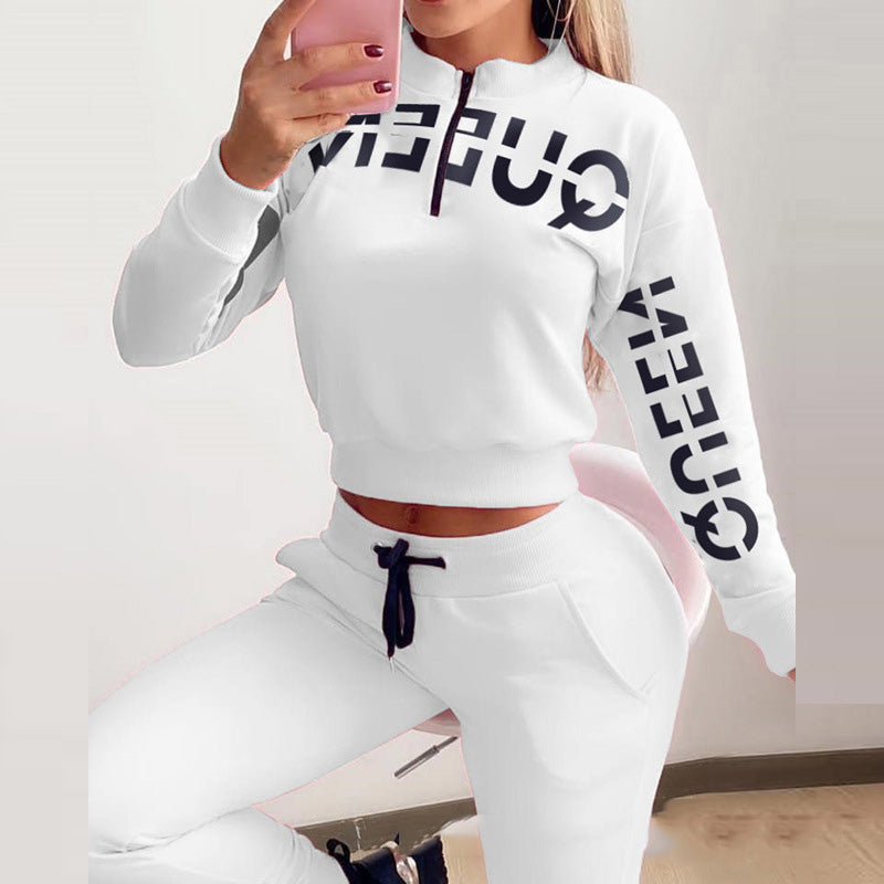 Ladies' White Letter Printing Casual 2-piece Set