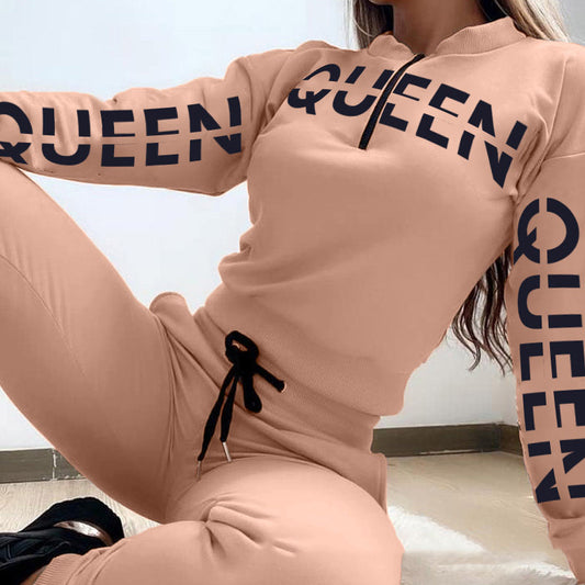 Ladies' White Letter Printing Casual 2-piece Set
