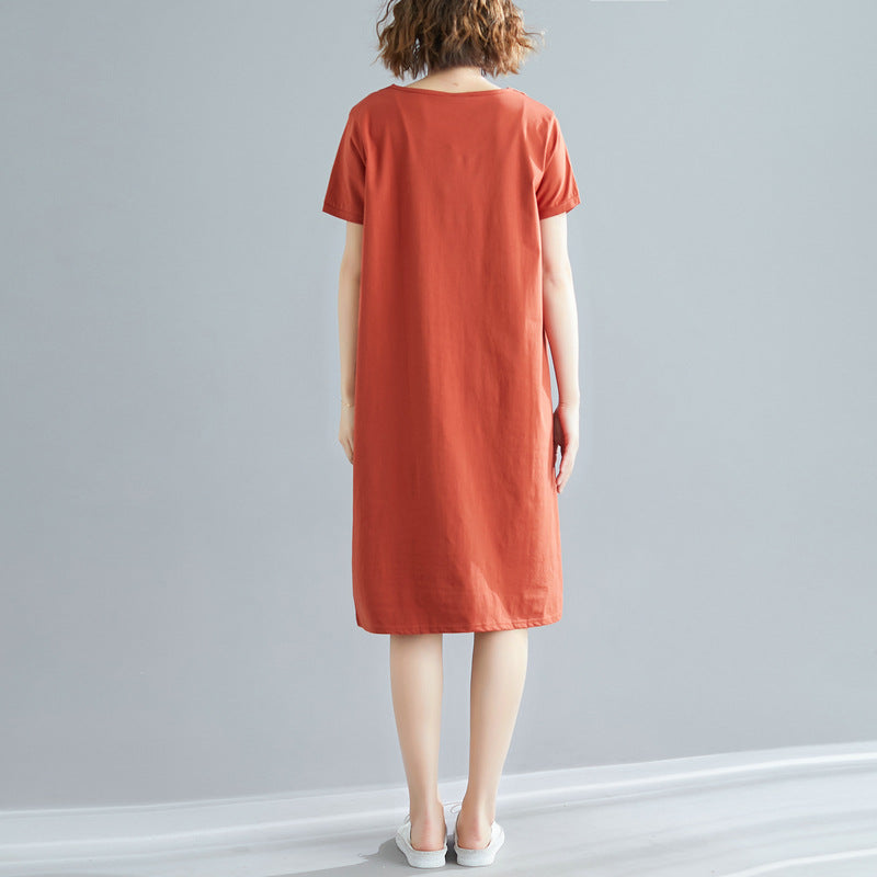 Fat Mm Solid Color V-Neck Slim Short-Sleeved Dress