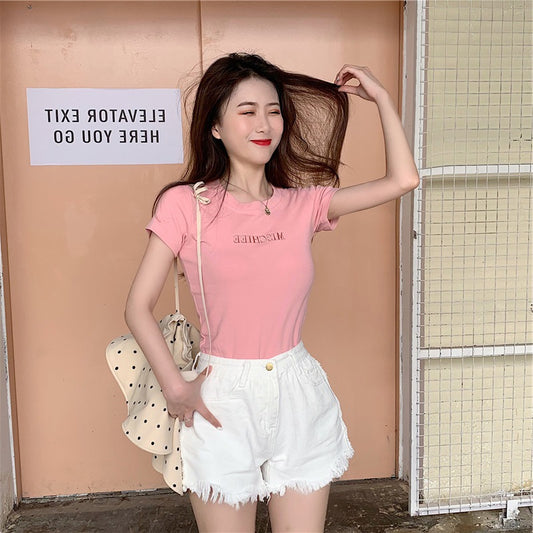 Letter Embroidery Slim Fashion Bottoming Women's Short Sleeve