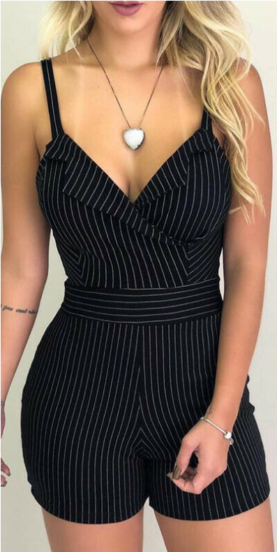 Striped Women'S Jumpsuit, One Piece, Fashion, Sexy, Sleeveless, Bodysuit, Cropped Pants, White, Black