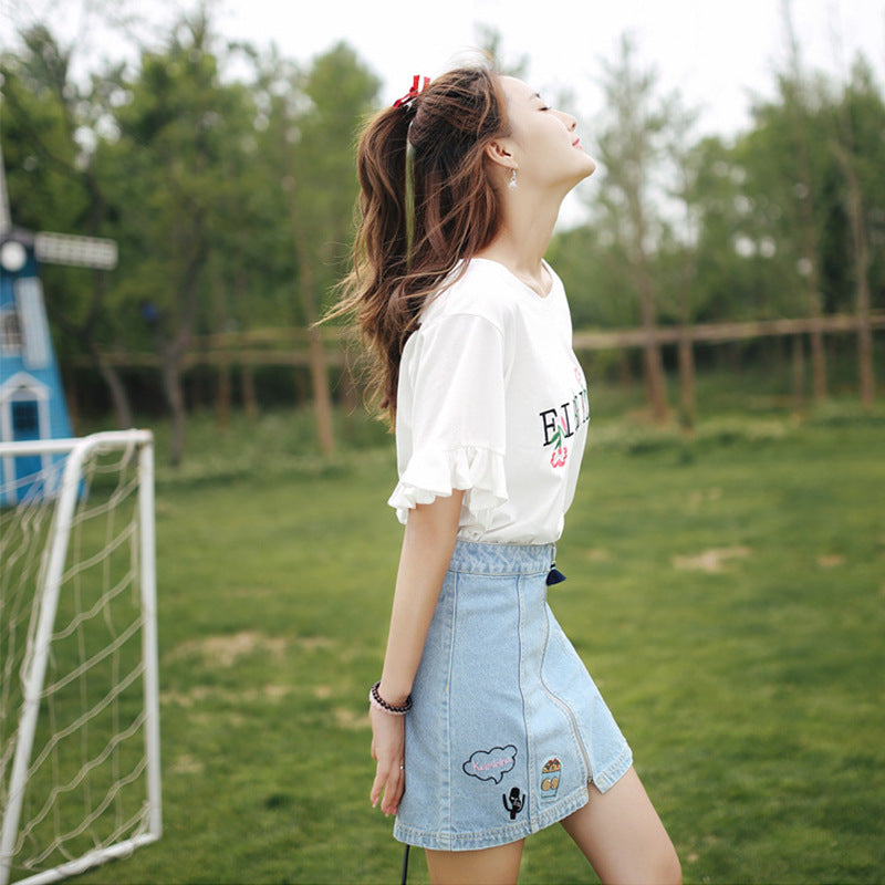 Printed Embroidered T-shirt Female Short-sleeved Student Flared Sleeves