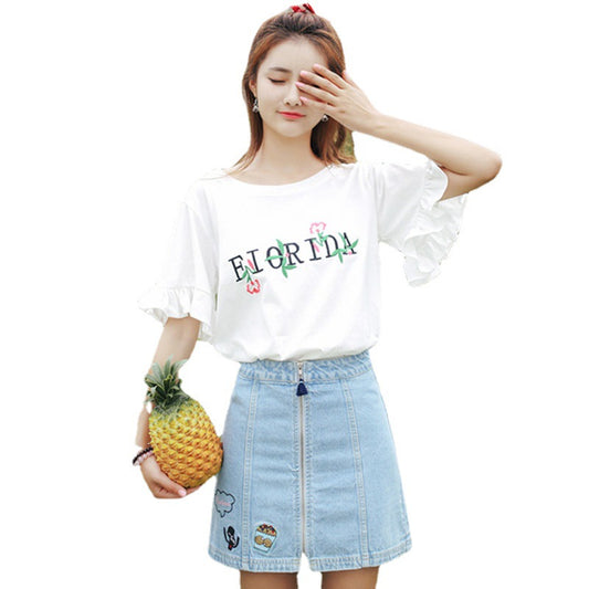 Printed Embroidered T-shirt Female Short-sleeved Student Flared Sleeves