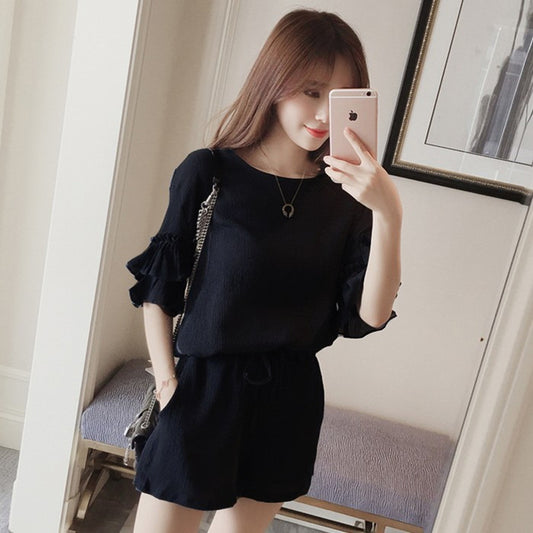 Chiffon top and high waist shorts two-piece suit