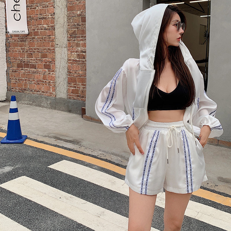 Fashion Casual Thin Long-Sleeved Hooded Sun Protection Jacket High-Waist Wide-Leg Shorts Two-Piece Suit