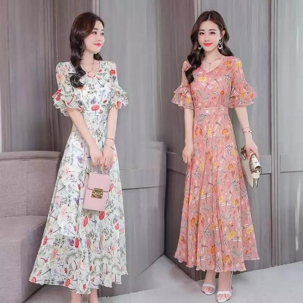 Lotus Leaf Sleeve High Waist Over The Knee Super Fairy Plus Size Floral Short Sleeve Dress