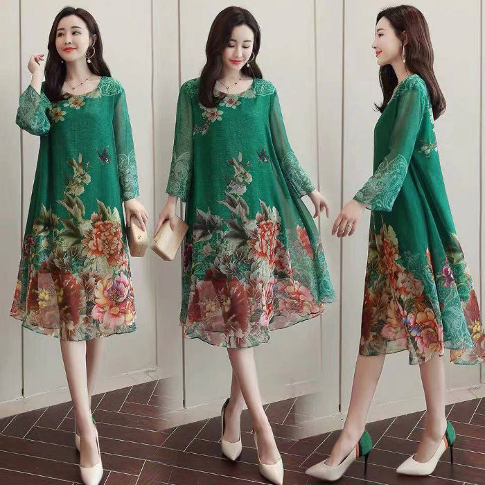 Mom'S Loose And Thin Floral Chiffon Skirt