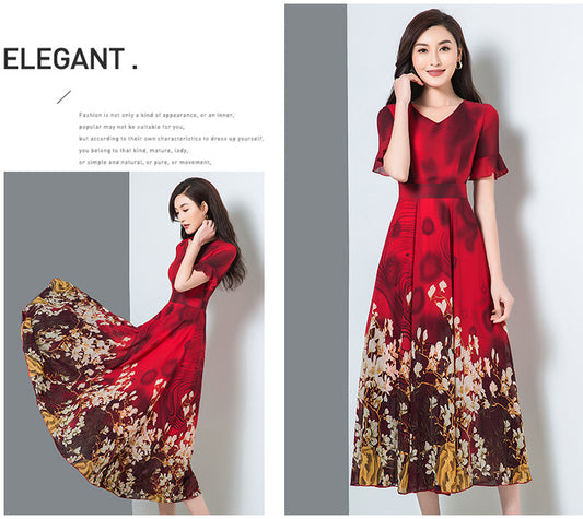 Long-Sleeved Dress With Big Swing Spring And Autumn Floral Fashion Noble Temperament V-Neck Printed Dress