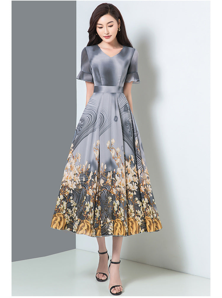 Long-Sleeved Dress With Big Swing Spring And Autumn Floral Fashion Noble Temperament V-Neck Printed Dress