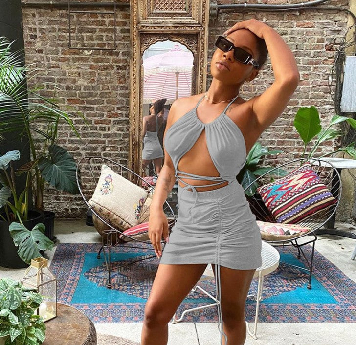 Halter Strap Hollow Vest Drawstring Short Skirt Sexy Suit