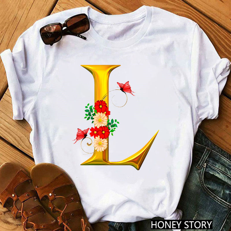 New 26 Gold Letter Flowers T-shirt