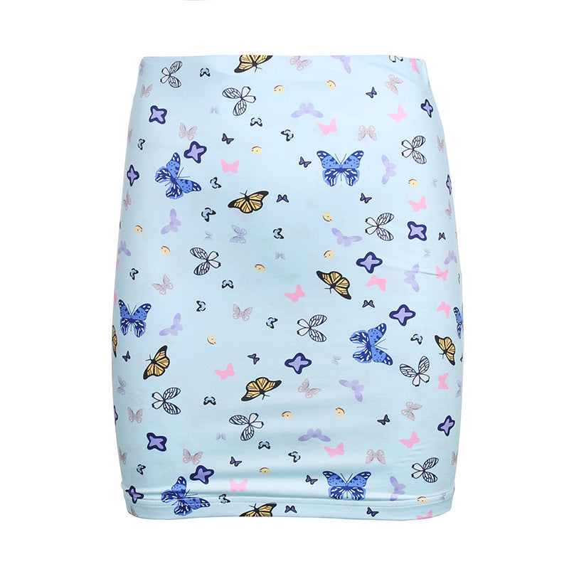 Butterfly Print Lace Vest Hip Skirt Set