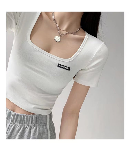 Square Neck Collarbone Tight Base Summer Hot Girl Short-sleeved Slim Top