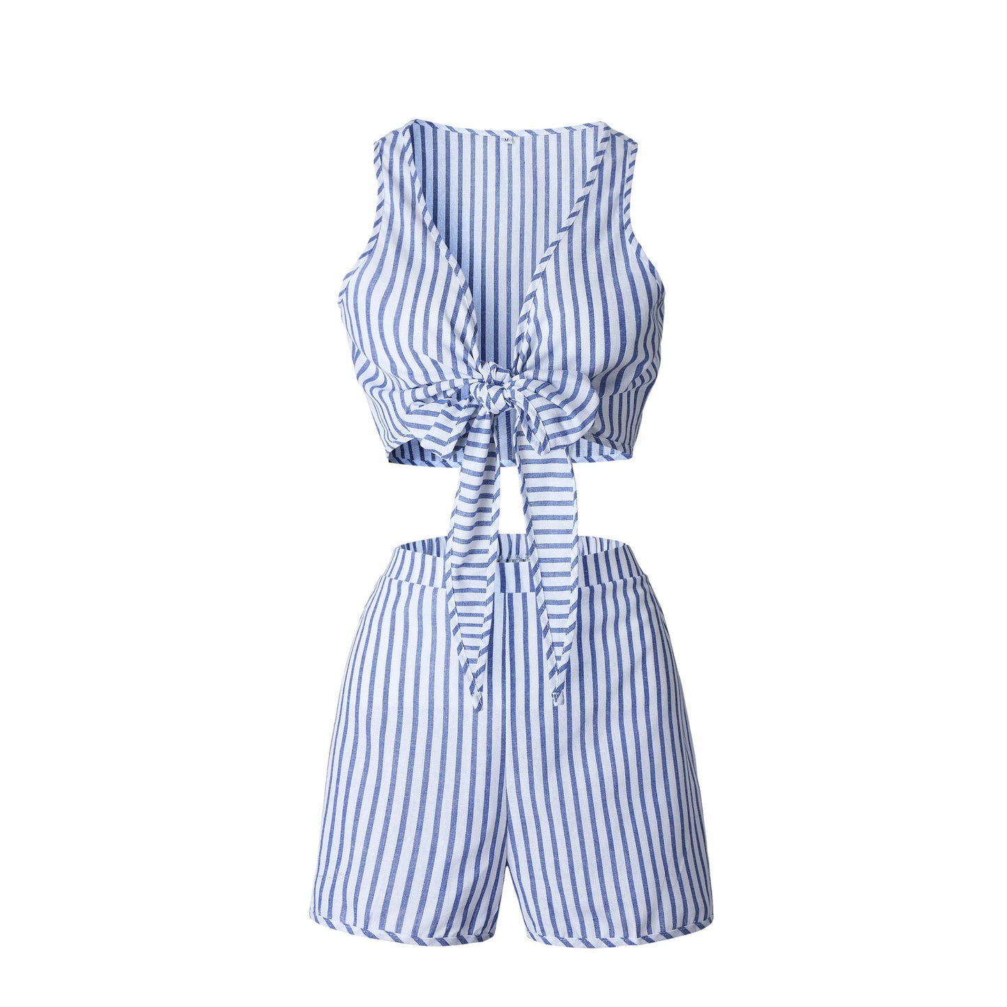 Deep V Bow Sleeveless Stripe Set