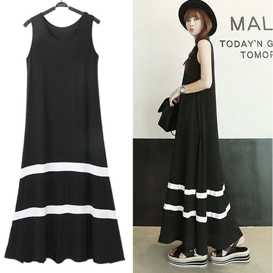 Loose Black And White Striped Sleeveless A-line Skirt With Big Swing Dress Temperament