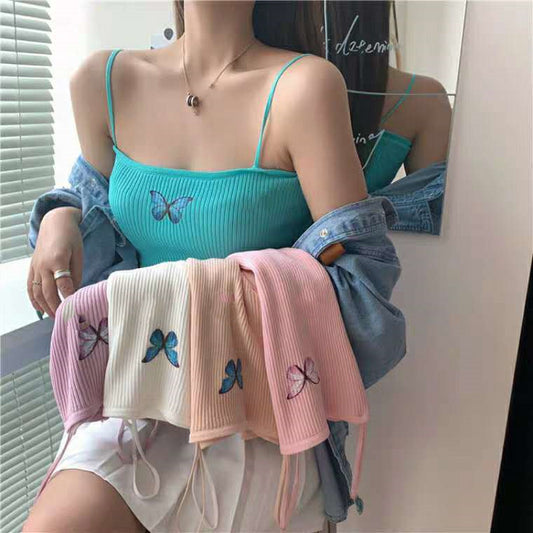 Knitted Sling Vest Women's Outer Wear Bottoming Shirt Short Butterfly Print Top