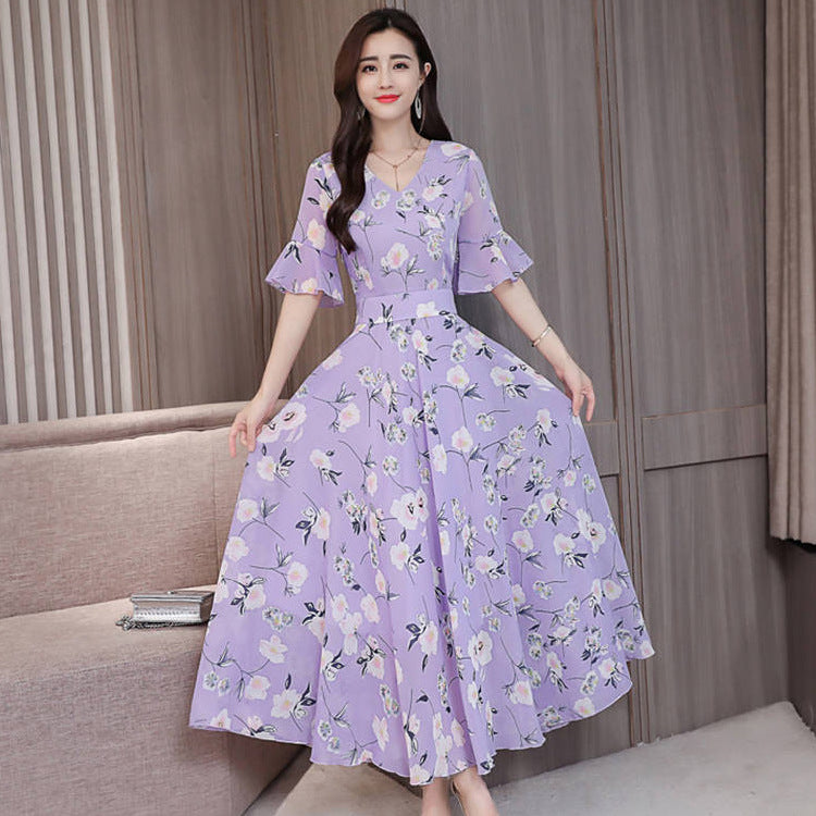 new large size short-sleeved holiday dress female summer loose slim green flower fashion temperament long skirt