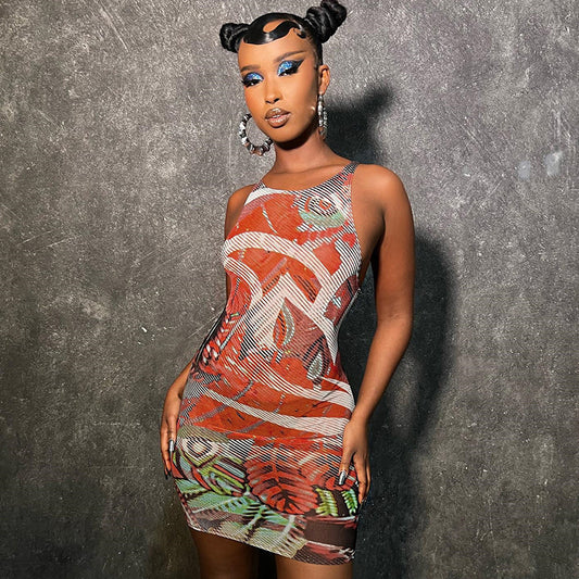 Women's Fashion Mesh Printed Sleeveless See-through Dress