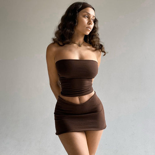 Casual One Word Tube Top Slim Short Skirt Suit
