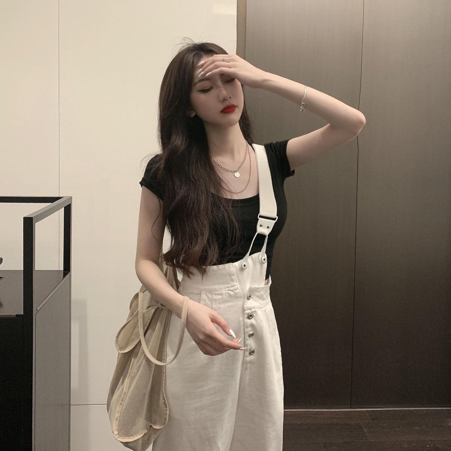 Women's White Slim One-shoulder Denim Overalls