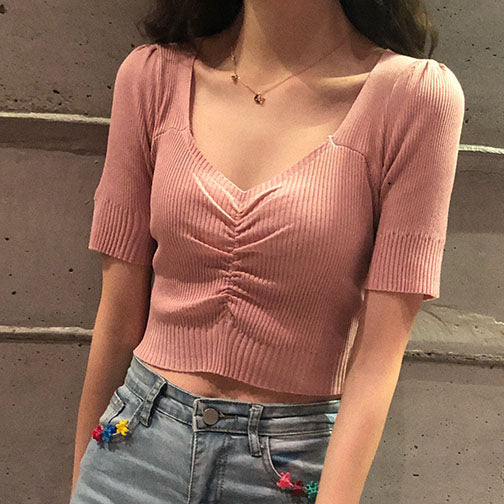 Puff sleeve base slim V-neck short-sleeved sweater