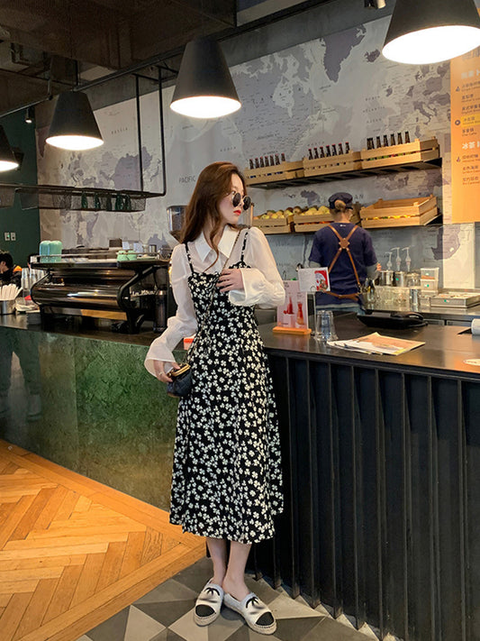 Women's Chiffon French Floral Slit Temperament Suspender Dress