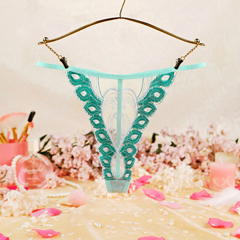 Women's Sheer Mesh Embroidered Peacock Tail Simple Briefs