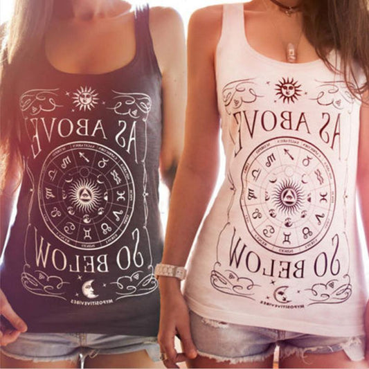Geometric Garden Plate Letter Print Sleeveless Vest T-shirt For Women