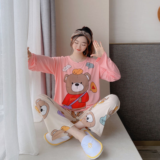 Outer Cartoon Pajamas Women's Short-sleeved Trousers Polyester Fiber Home Service Two-piece Suit