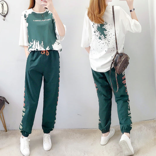 Sports And Leisure Women's Loose Trousers Summer Short-sleeved Student Two-piece Suit