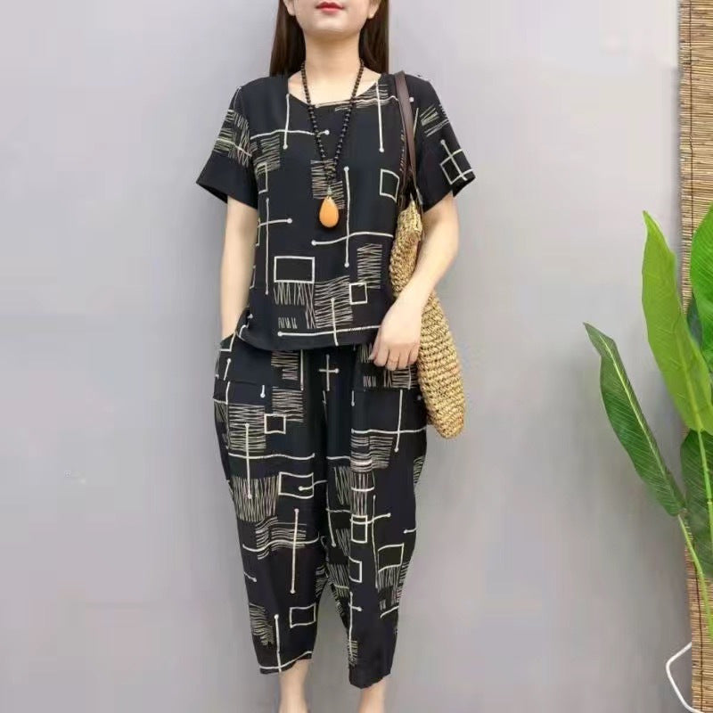 Middle-aged And Elderly Summer Short-sleeved Casual Large Yards Loose New Belly Covering Mother's Clothing