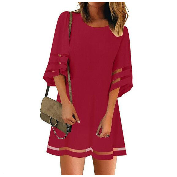 Gauze stitching loose flare sleeve A-line skirt