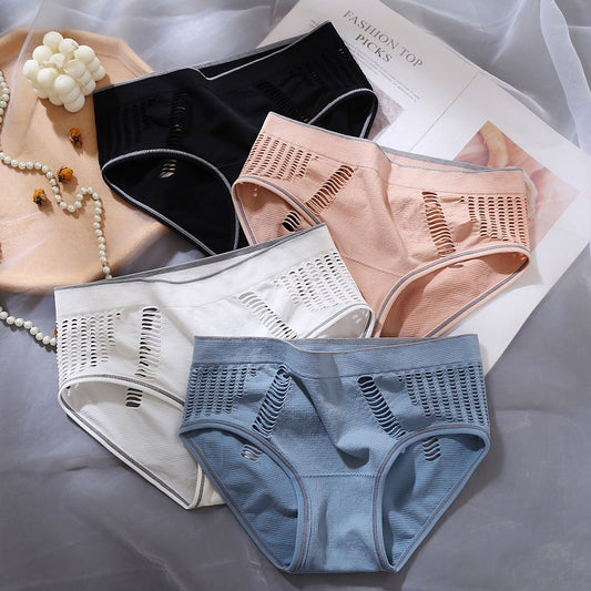 Female Sense Lace Edge Mid-waist Seamless Hollowed Out Traceless Solid Color Briefs High Bounce