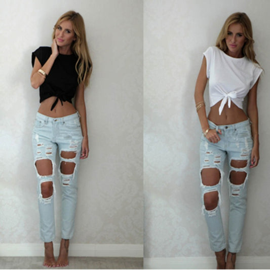 European And American Simple Short-sleeved Bow Lace-up Navel T-shirt Short Top