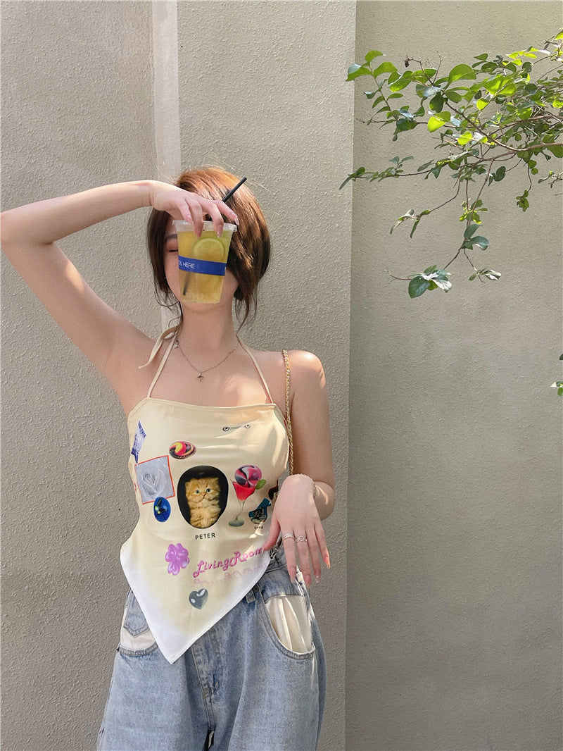 Women's Summer Print Halter Neck Wrap Chest Triangle Turban Vest Bottoming Top With Sling
