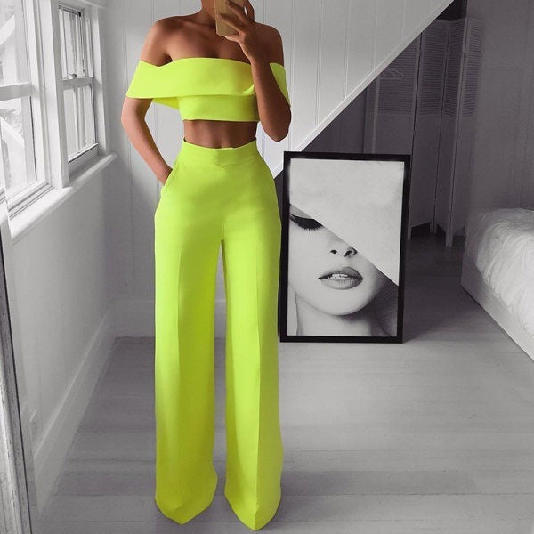 Omulka Flounces 2-Piece Women's Cropped Top And Wide-leg Pantsuit Fall Office Women's Shiny Green Set
