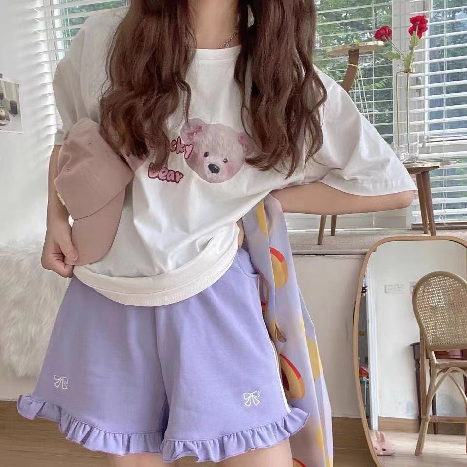 Summer Sports Girls' Japanese Embroidered Loose Slimming And Wide Leg Shorts
