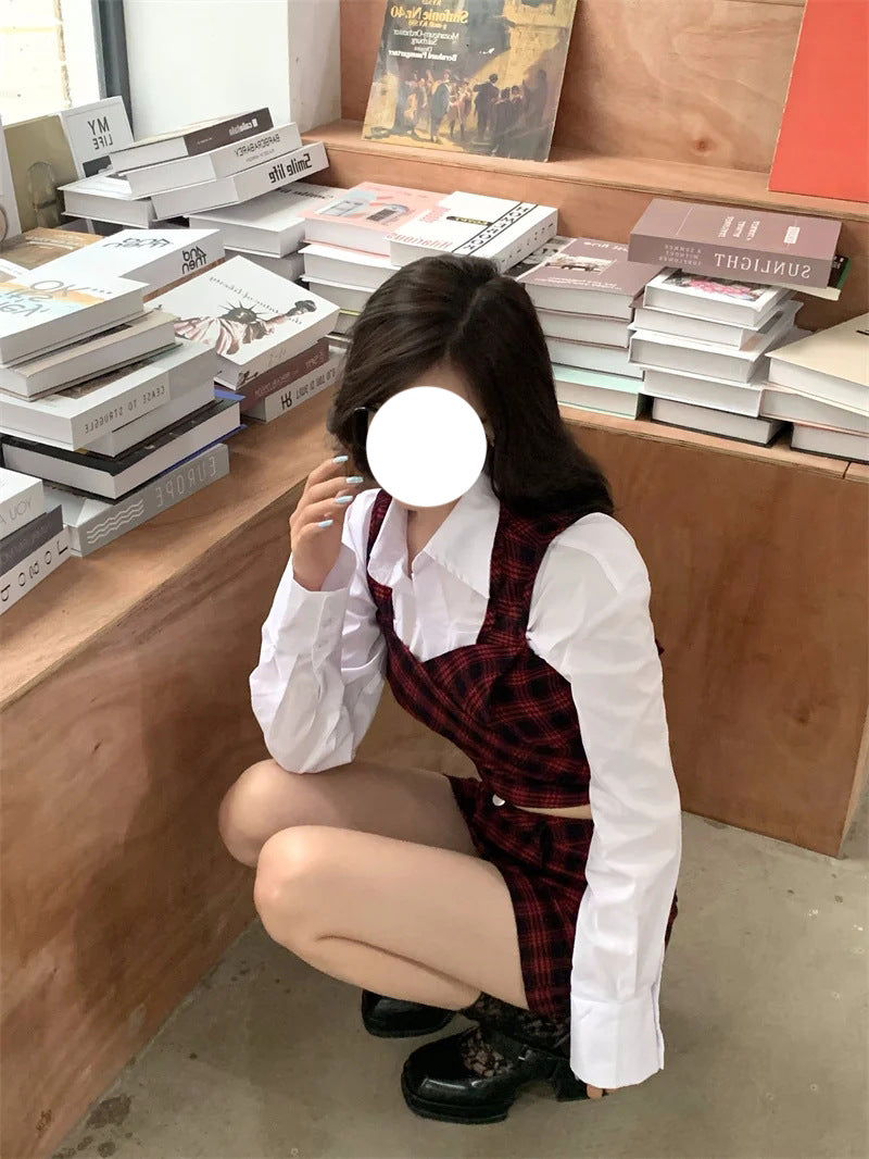 White Shirt Strap Vest Plaid Skirt Set Of Three