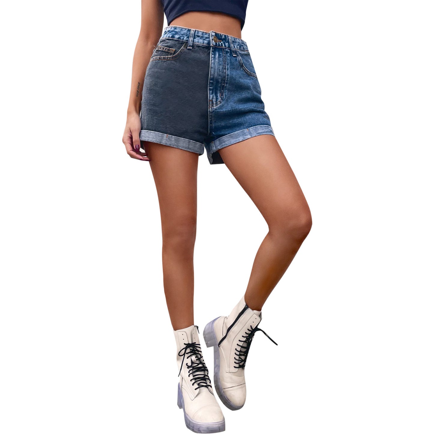 Fashion Loose Colorblock Denim Straight Shorts