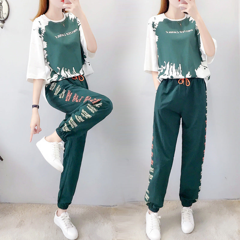 Sports And Leisure Women's Loose Trousers Summer Short-sleeved Student Two-piece Suit