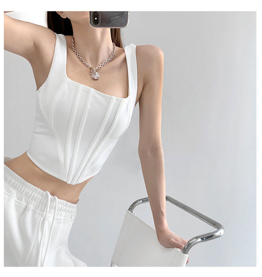 Square Collar Fishbone Waist Girdle Spaghetti-strap Camisole Top