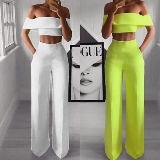 Omulka Flounces 2-Piece Women's Cropped Top And Wide-leg Pantsuit Fall Office Women's Shiny Green Set