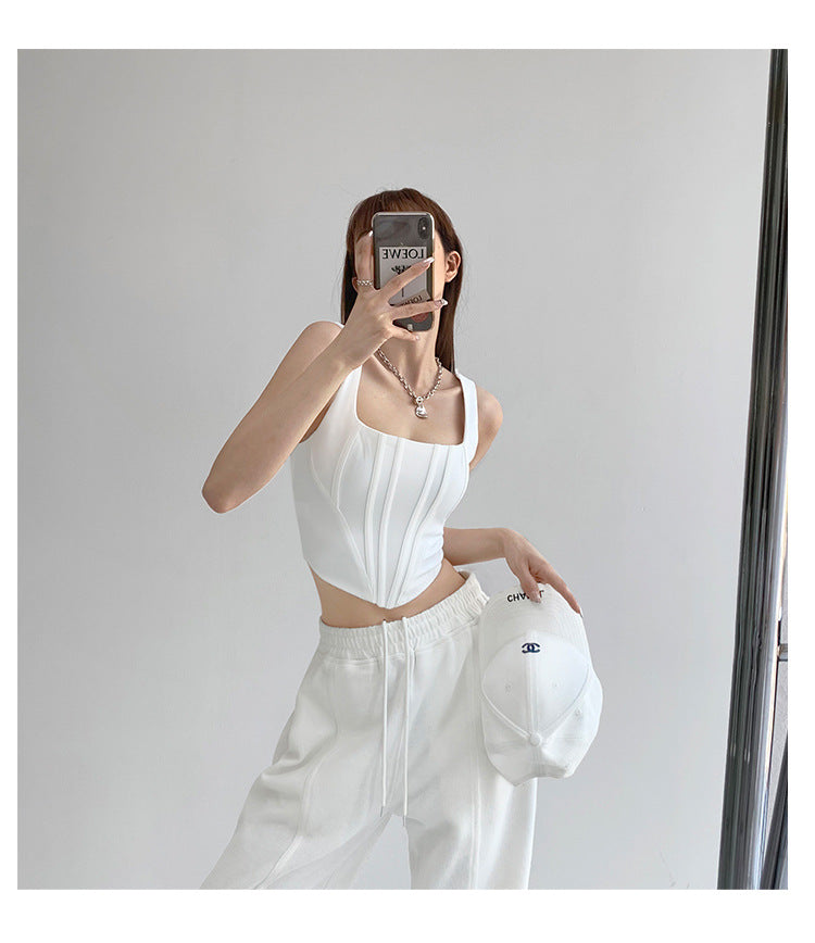 Square Collar Fishbone Waist Girdle Spaghetti-strap Camisole Top
