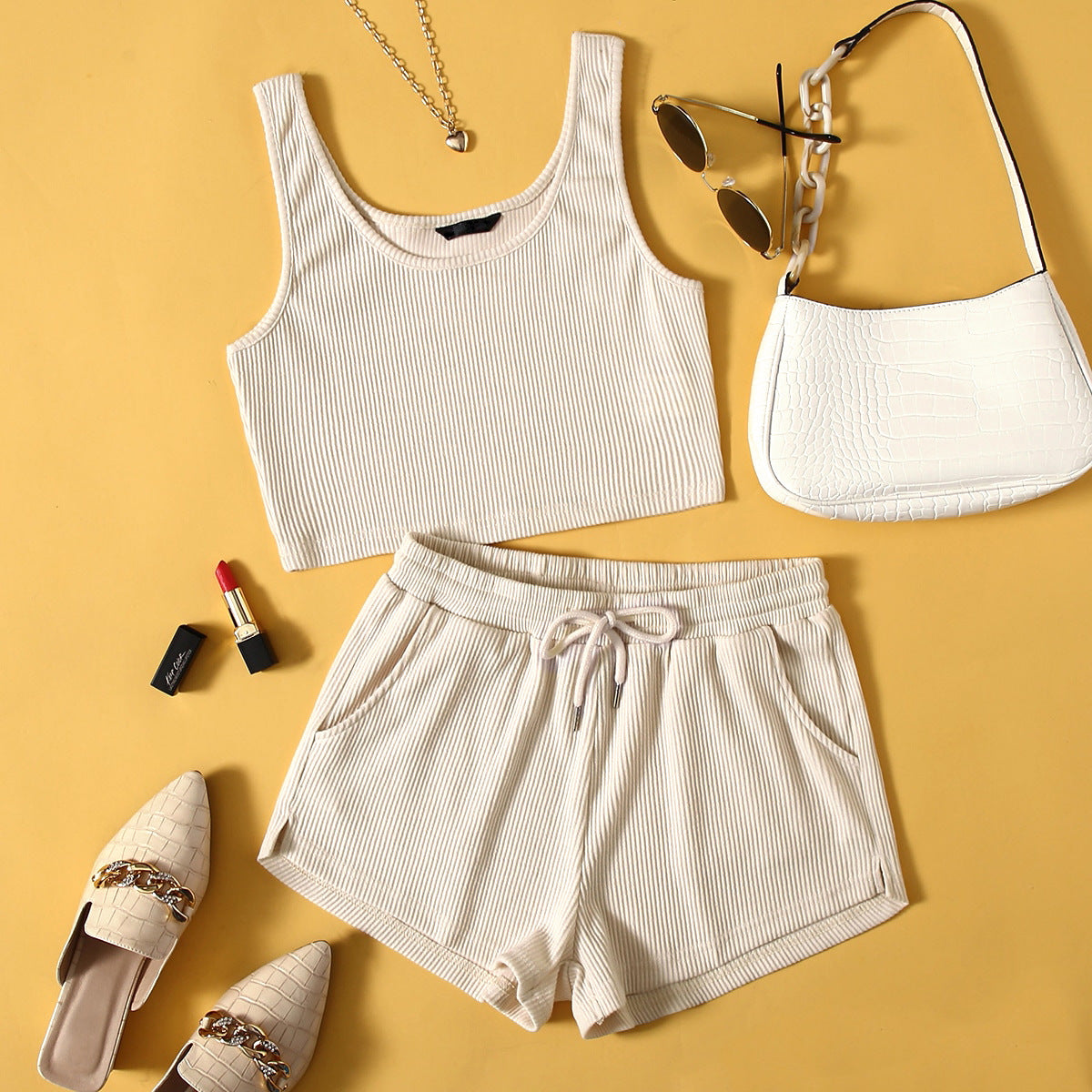 Solid Color Camisole Vest Slim Fit Mid Waist Shorts Casual Fashion Suit