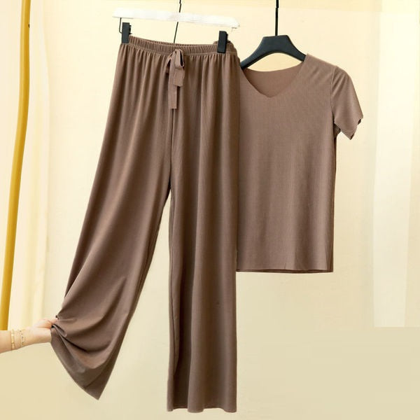 Ladies Temperament Sports Casual Wide Leg Pants Short Sleeve Two Piece Set