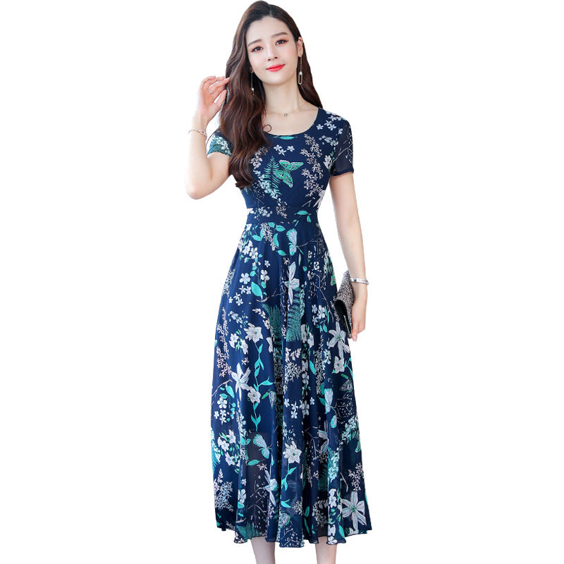 Temperament Was Thin Floral Round Neck Large Swing Skirt Korean Version