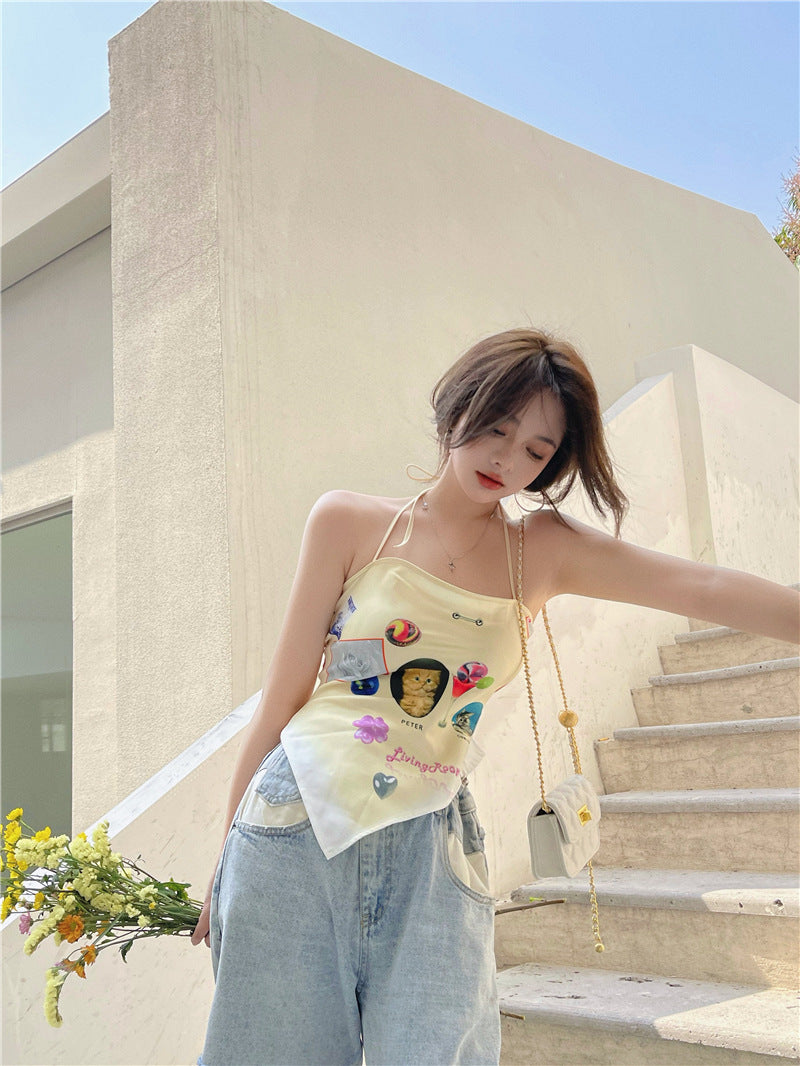 Women's Summer Print Halter Neck Wrap Chest Triangle Turban Vest Bottoming Top With Sling