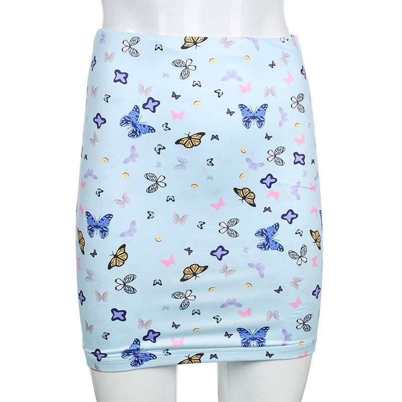 Butterfly Print Lace Vest Hip Skirt Set
