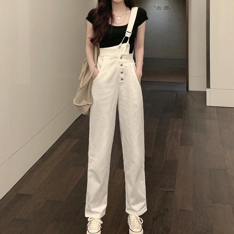 Women's White Slim One-shoulder Denim Overalls